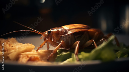 Cockroach eating food off a plate in a restaurant. Food safety. Disgusting. Gross. Icky. Uncomfortable. Unclean. Bug. Shocking. Macro.