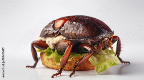 Cockroach on bread and lettuce. Food safety. Generative AI. photo