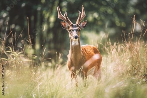 standing in the meadow is a male deer. Generative AI