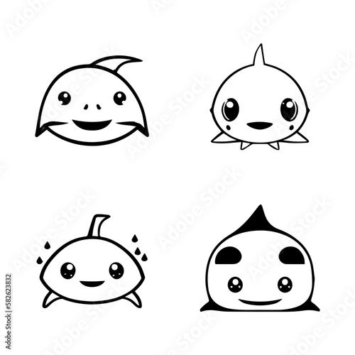 cute kawaii shark logo collection set hand drawn line art illustration