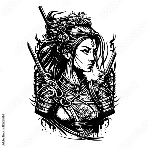 upper body japanese samurai girl line art hand drawn illustration