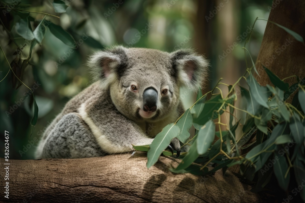 Fototapeta premium Grey Koala bear mammal napping on a tree limb in the forest, surrounded by Australian shrubs and trees. Generative AI