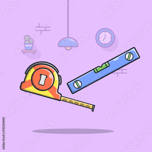 Measure tool and water pass tools illustration for construction work cartoon icon symbol