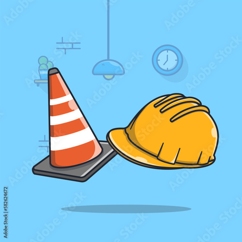 Cone sign and safety helmet illustration for construction work cartoon icon symbol