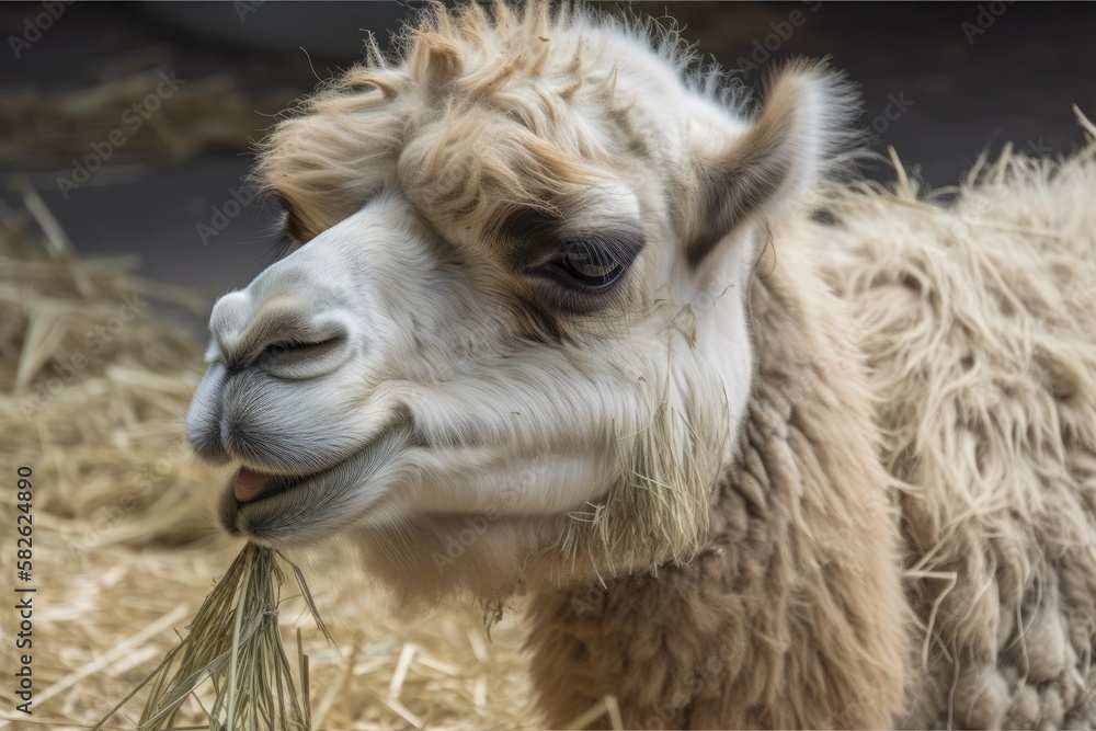 Close up of a young Bactrian white camel eating hay in the zoo. zoological parks that keep wild animals. Generative AI