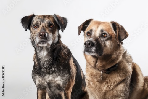 two mixed breed dogs against a white background. Generative AI