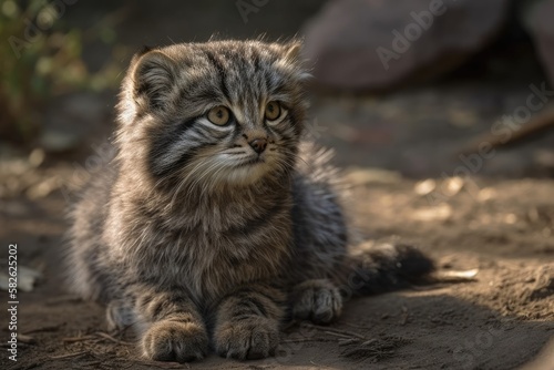Cat of Pallas (Otocolobus manul). Manul resides in the Central Asian steppes and meadows. Picture of a little, cuddly kitten in a zoo sitting on the sand. Hunting inclination. Generative AI