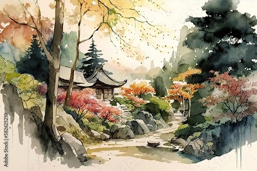 japanese landscape in watercolor with a fairy garden, ink landscape painting created digitally Generative AI