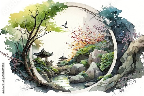 japanese landscape in watercolor with a fairy garden, ink landscape painting created digitally Generative AI