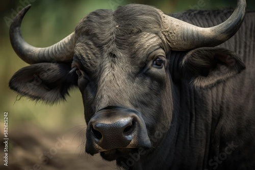 photos of thai buffalo, close up of a thai buffalo's face. Generative AI