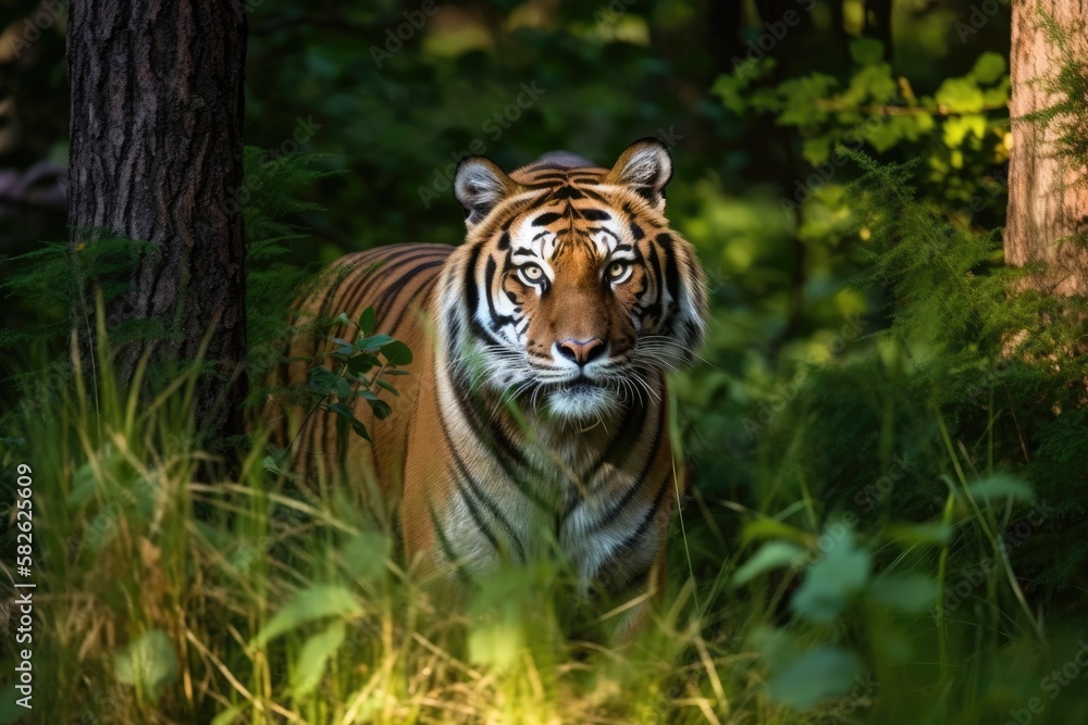 The summertime tiger in a portrait. Generative AI The summertime tiger in a portrait. Generative AI