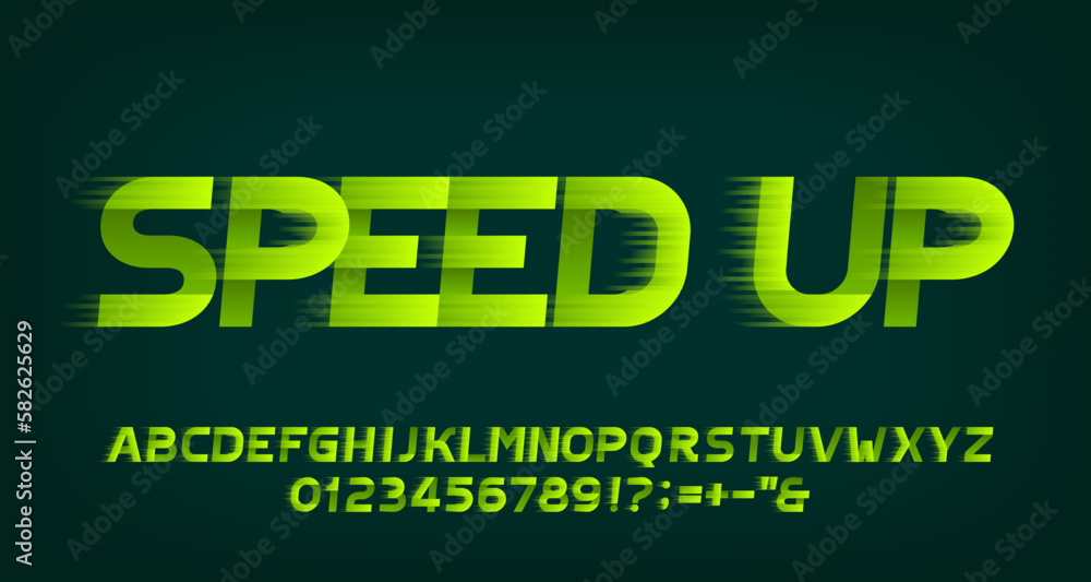 Speed Up alphabet font. Wind effect letters, numbers and symbols. Stock vector typeface for your design in sport style.