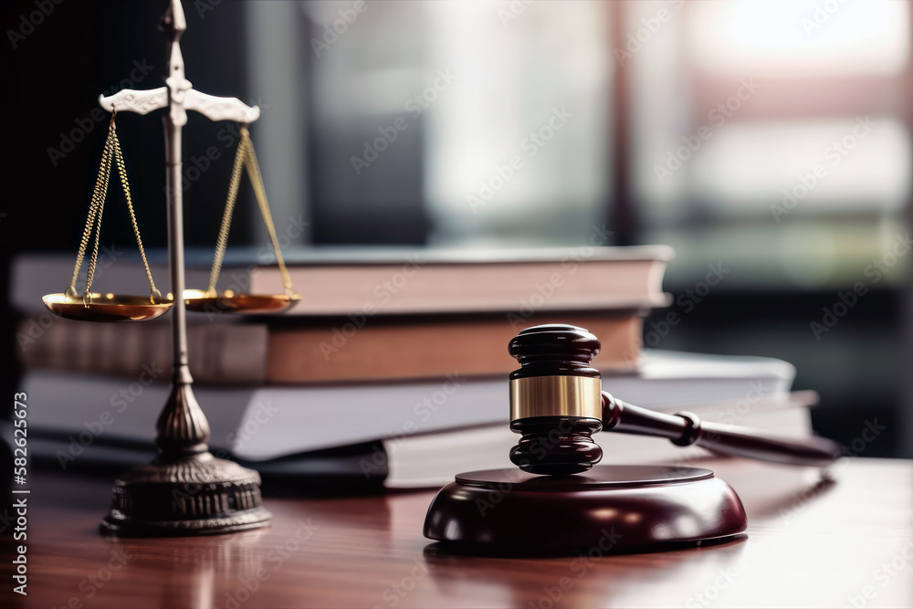 Lawyer office, Justice scales judge gavel and books on wooden table. Law concept. Generative AI Lawyer office, Justice scales judge gavel and books on wooden table. Law concept. Generative AI