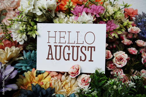 Hello August text message on paper card with beautiful flowers decoration