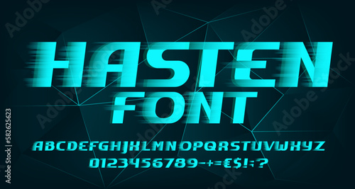 Hasten alphabet font. Fast speed effect letters and numbers. Polygonal background. Stock vector typeface for your design in sport style.