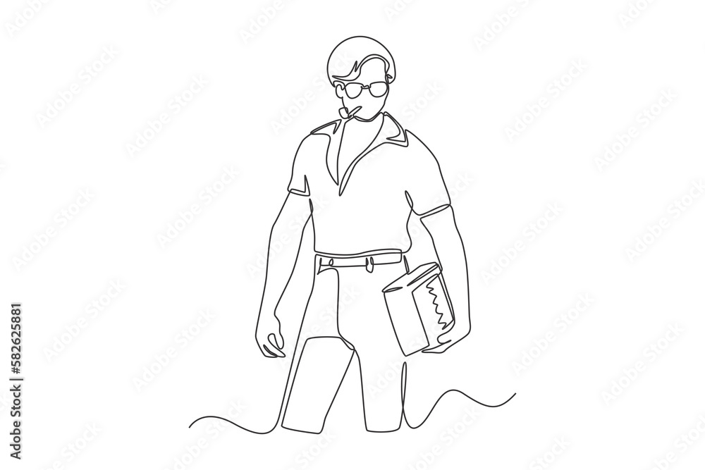 Continuous one-line drawing man wears 70s style. 70s style concept single line draws design graphic vector illustration