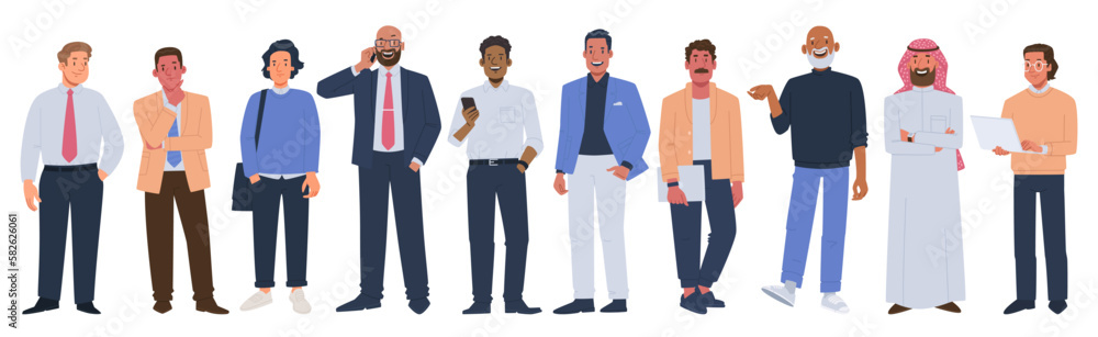 Set of multiethnic business men of different ages and races in office outfits on a white background Set of multiethnic business men of different ages and races in office outfits on a white background