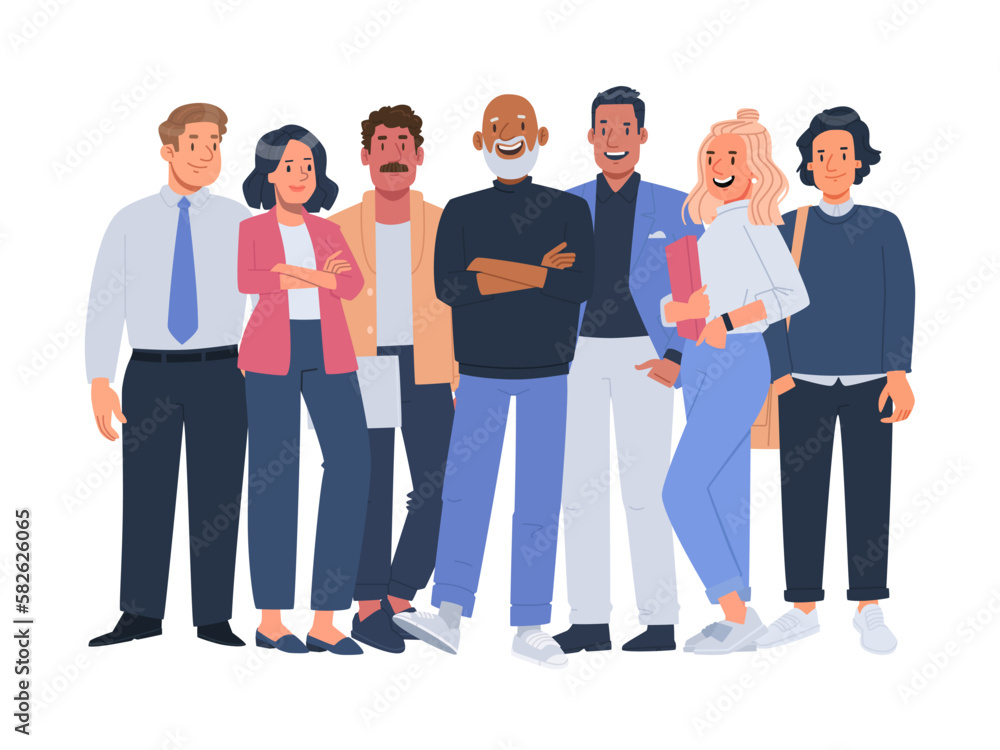 Multinational business team. Employees of the company, men and women in office attire stand in full growth together - obrazy, fototapety, plakaty 