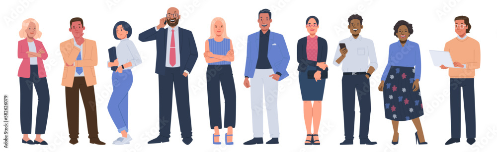 Business people. Set of multiethnic men and women of different ages and races in office attire on a white background