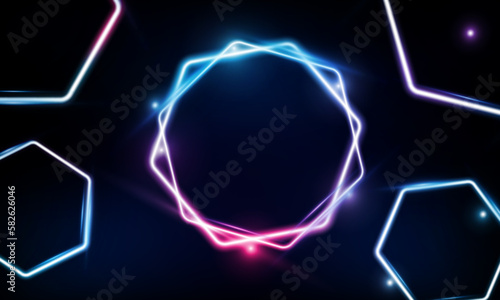 Abstract Modern colored poster for sports Light out technology and with neon hexagon and triangles. Hitech communication concept innovation background, vector design