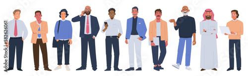 Set of multiethnic business men of different ages and races in office outfits on a white background