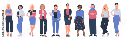 Set of multiethnic business women of different ages and races in office outfits on a white background
