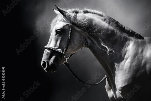 In motion, an Andalusian horse in a halter in mild smoke. Photograph in black and white. Generative AI © AkuAku