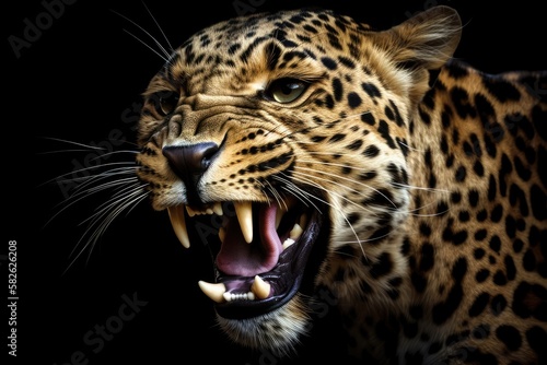 Beautiful large enraged leopard in close up, isolated on a dark background. Generative AI