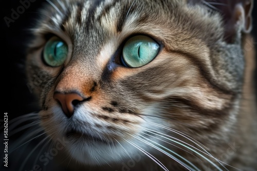 Blue green eyes of a silver brown cat are sharply in focus. image of an animal up close. Generative AI