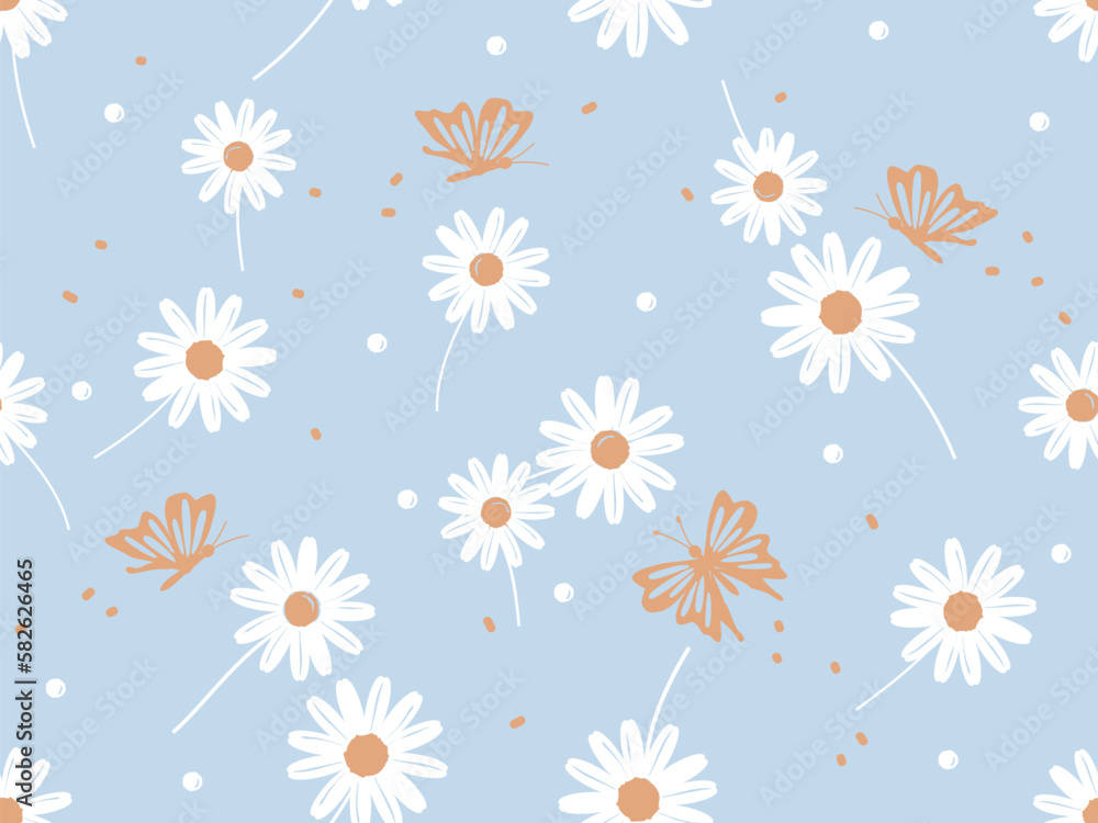 Seamless pattern with daisy flower and butterfly cartoons on blue background vector. Cute floral print. Seamless pattern with daisy flower and butterfly cartoons on blue background vector. Cute floral print.