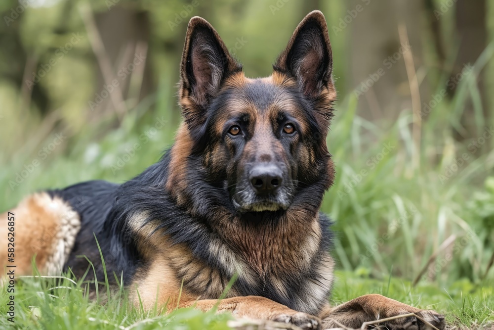 Three year old German Shepherd in frontal photograph. On the grass, lying down in Friesland, Netherlands. Generative AI
