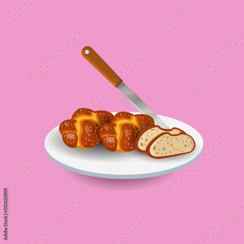 Creative Hi-Quality Challah Braid Food, Sweet Baguette Bun Sketch Bake Menu Meal, Healthy Hebrew Celebration Set, Challah Vector Art Design.