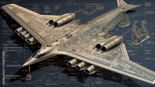hand-drawn sketch illustration of a bomber jet, design drawing, airforce, lines illustration, Generative AI