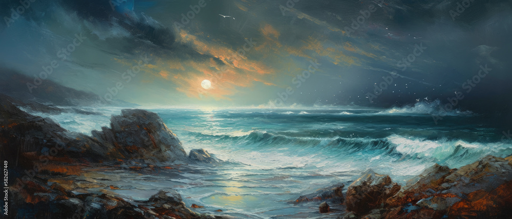Rocky shore seascape with unspoiled sandy beach, quiet calm golden hour sunset dusk sky and clouds, gentle ocean waves, fading sun, panoramic widescreen view - generative AI