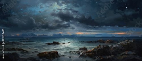 Rocky shore seascape with unspoiled sandy beach, quiet calm late night milky way stars sky and clouds, gentle ocean waves, illuminated by the moon, panoramic widescreen view - generative AI © SoulMyst