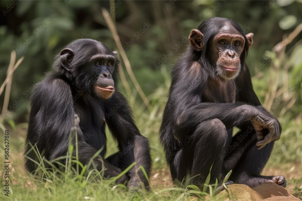 Chimpanzees Seated on Grass. Generative AI Chimpanzees Seated on Grass. Generative AI