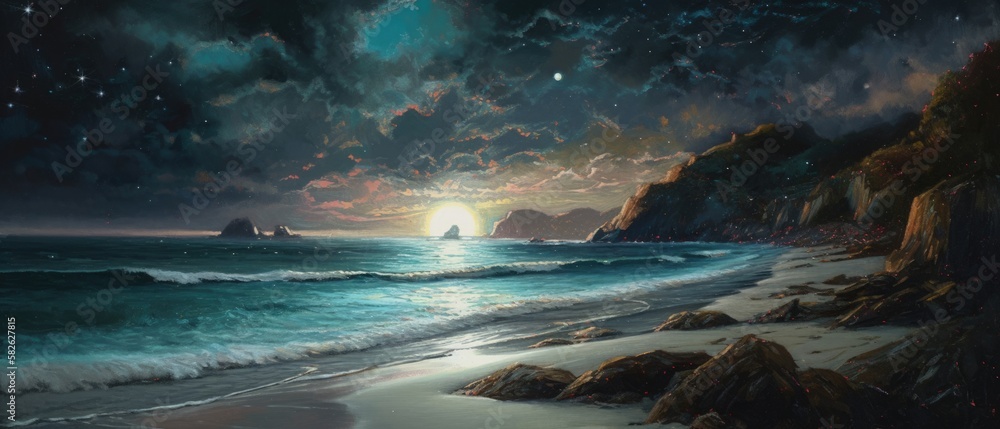 Rocky shore seascape with unspoiled sandy beach, quiet calm late night milky way stars sky and clouds, gentle ocean waves, illuminated by the moon, panoramic widescreen view - generative AI