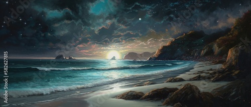 Rocky shore seascape with unspoiled sandy beach, quiet calm late night milky way stars sky and clouds, gentle ocean waves, illuminated by the moon, panoramic widescreen view - generative AI © SoulMyst