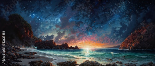Rocky shore seascape with unspoiled sandy beach, quiet calm golden hour sunset dusk sky and clouds, gentle ocean waves, fading sun, panoramic widescreen view - generative AI © SoulMyst
