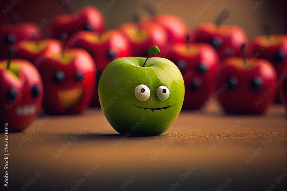 green apple googly eyes sitting front red apples high smile jack focus