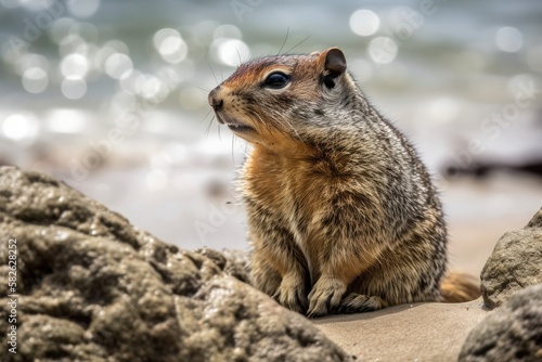 An enormous California Ground Squirrel in Monterey, California, resting on a rock along the shore. Generative AI photo
