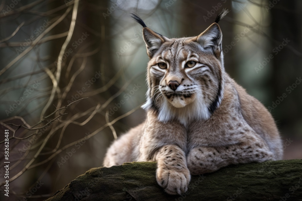Obraz premium Lynx is seated in a dead tree. Generative AI