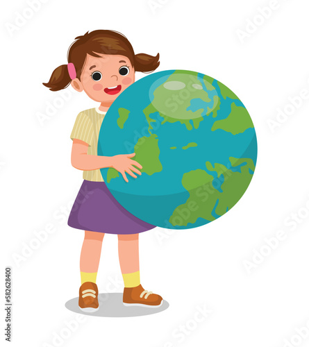 Cute little girl hugging earth globe showing care for the planet celebrating earth day