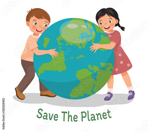 Cute kids hugging earth globe showing care for the planet celebrating earth day