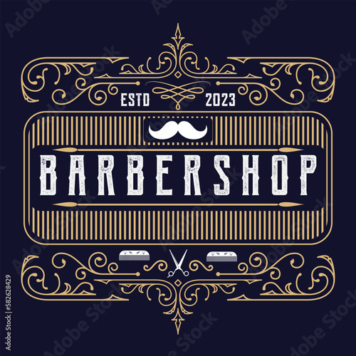 Barbershop logo design. Vintage lettering illustration on a deep blue background. All objects and text are in separate groups.