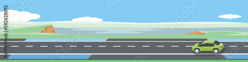 Happy car driving on asphalt road. Driving on country road with bike lens beside road. Background of mendow hills and fresh water reservoirs under blue sky. Copy Space Flat Vector for banner.