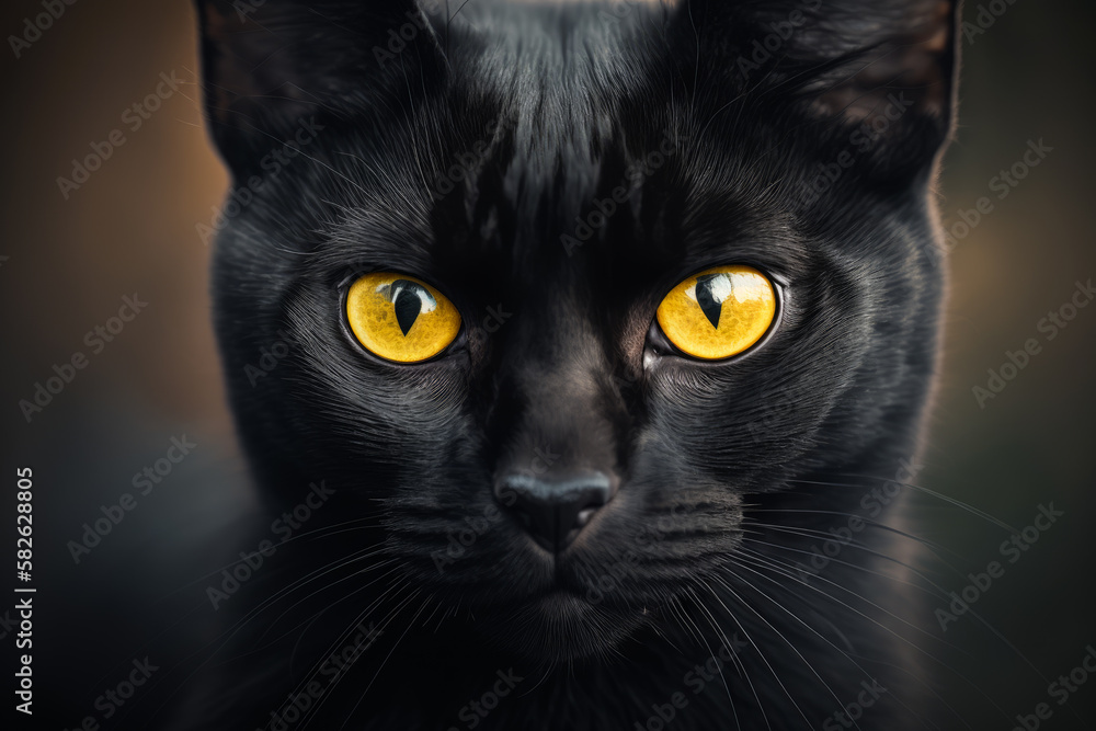 Black cat with yellow eyes looking at the camera with serious look on its face. Generative AI.