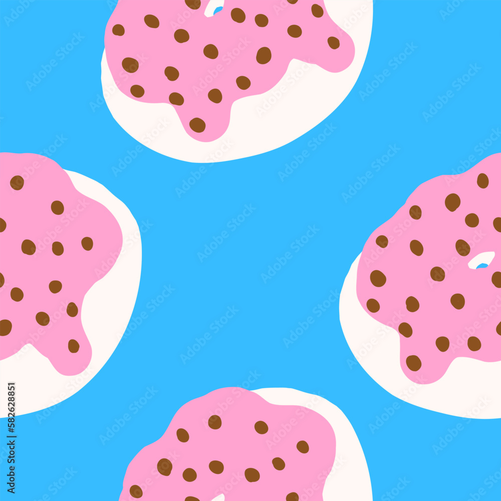 Seamless pattern of donut rings in cartoon flat style. Chocolate balls on a pink cream with white base. Sweet bakery. Vector colorful illustration isolated on blue background. Seamless pattern of donut rings in cartoon flat style. Chocolate balls on a pink cream with white base. Sweet bakery. Vector colorful illustration isolated on blue background.