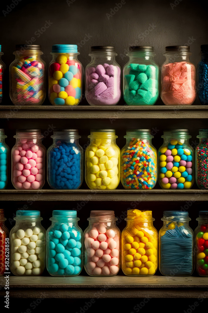 Shelf filled with glass jars filled with different types of candies and chocolates. Generative AI.