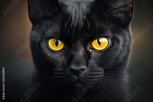Black cat with yellow eyes looking at the camera with serious look on its face. Generative AI. © valentyn640